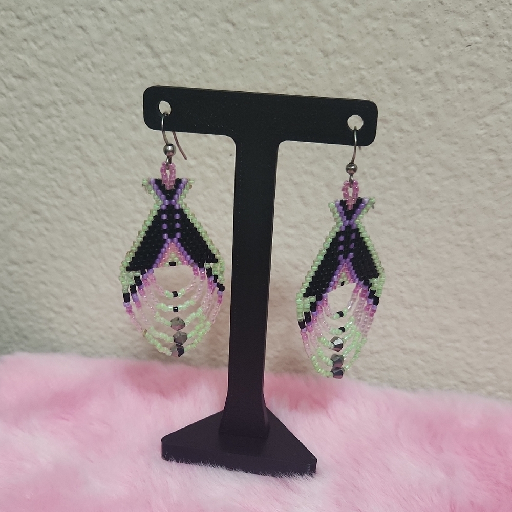 Native American Beaded Earrings Black, Green, Purple, Pink - Picture 7 of 10
